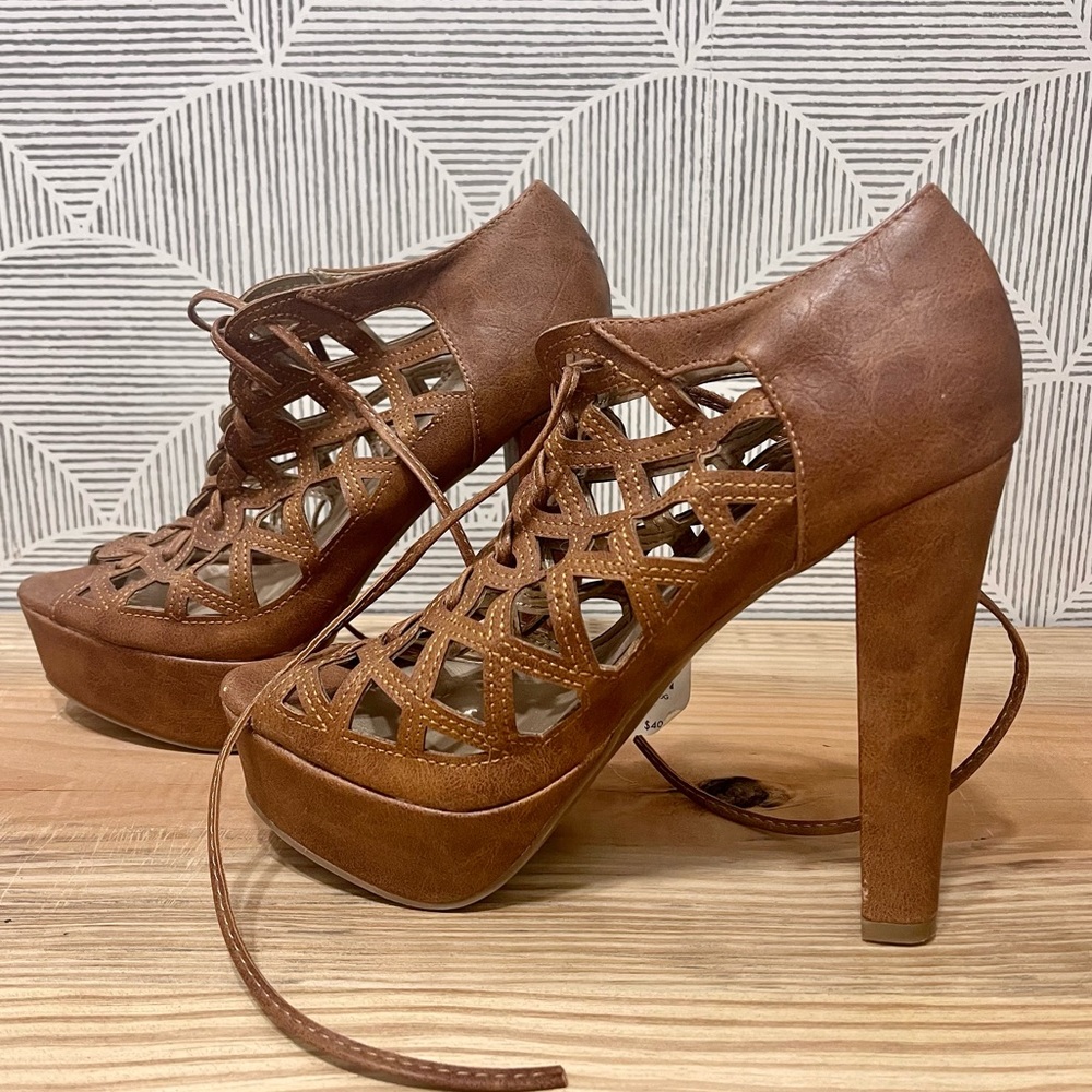 Open Toed High Heel Sandals Cognac or Saddle Color Lace Up